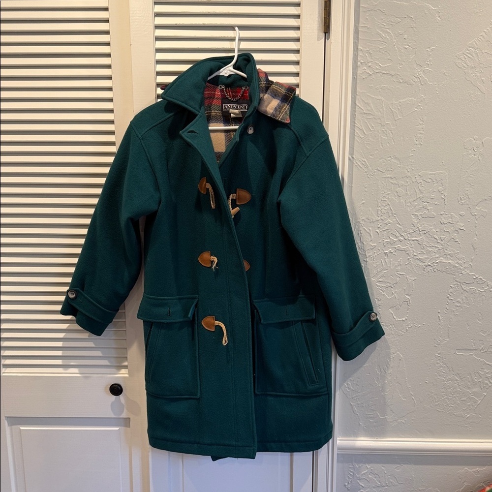True vintage Lands End Wool coat with plaid lining and detachable hood